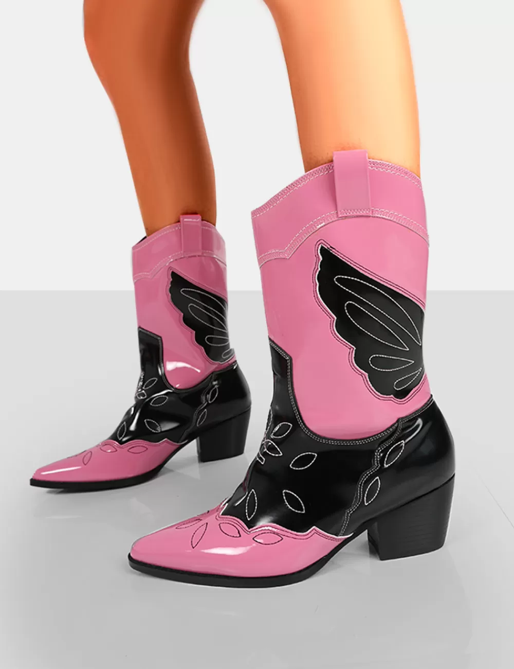 Flash Sale Public Desire Howdy Patent Pointed Toe Western Cowboy Block Ankle Boots Pink