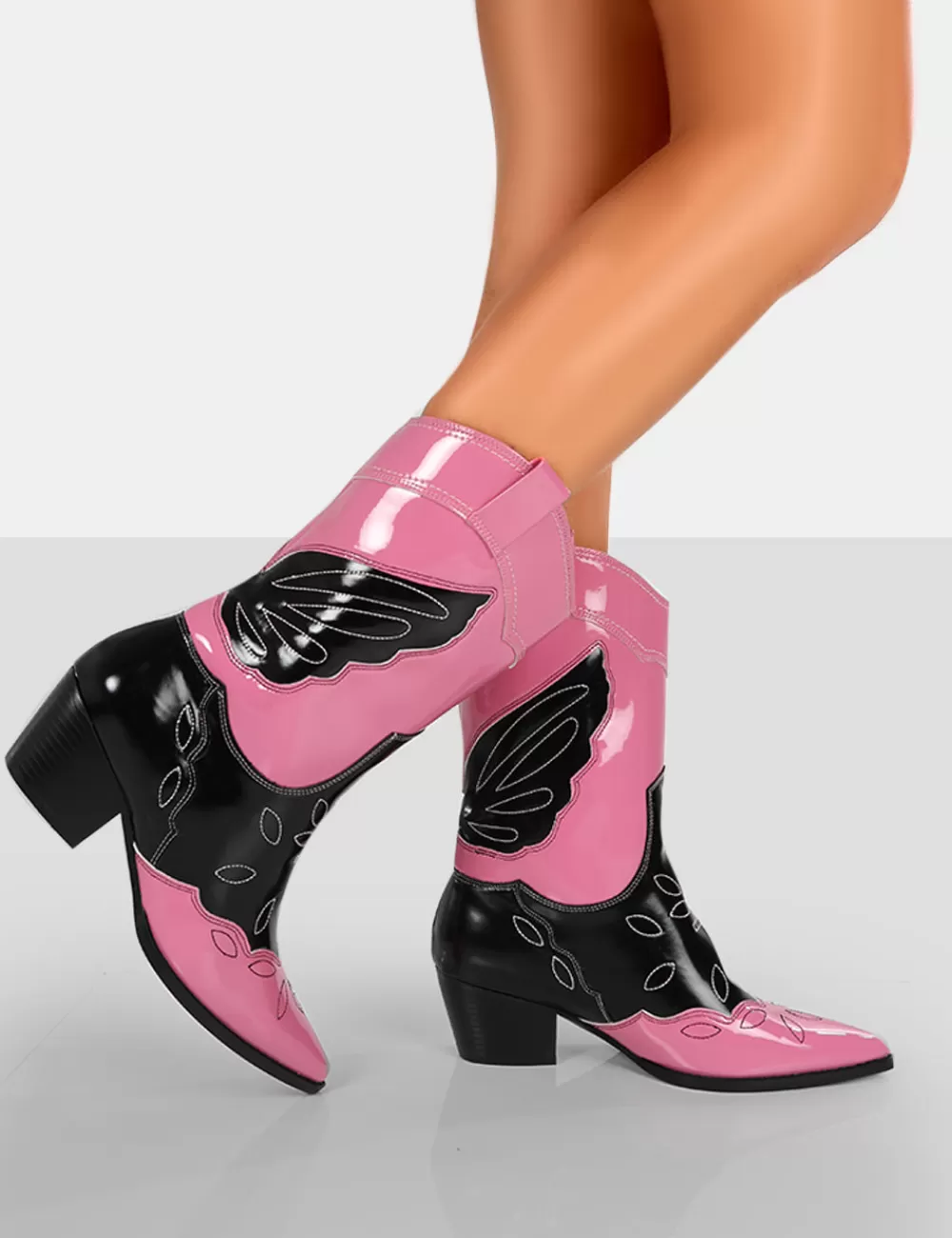 Flash Sale Public Desire Howdy Patent Pointed Toe Western Cowboy Block Ankle Boots Pink