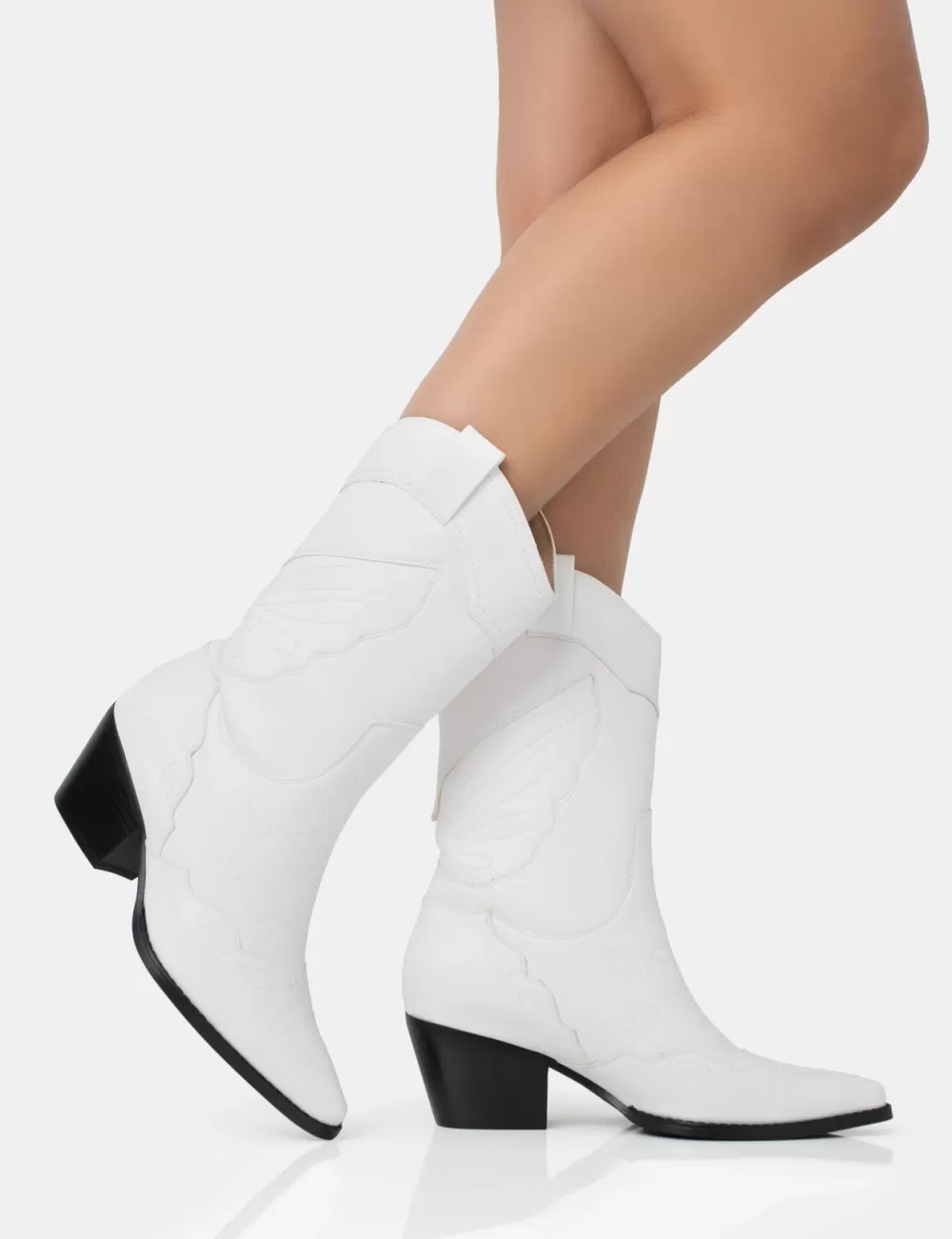 Store Public Desire Howdy Pu Pointed Toe Western Cowboy Block Ankle Boots White