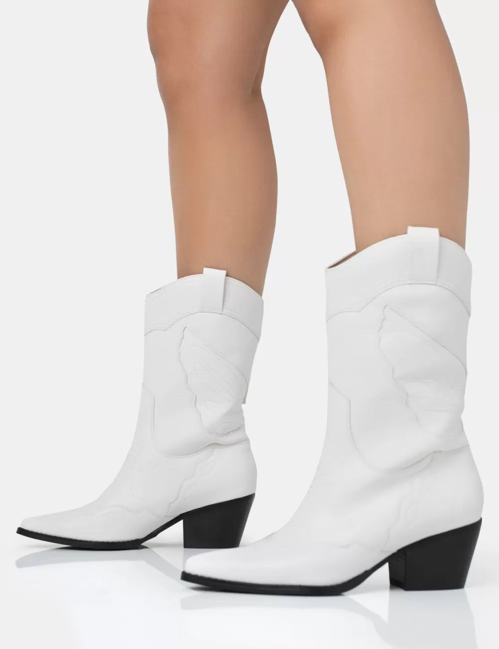 Store Public Desire Howdy Pu Pointed Toe Western Cowboy Block Ankle Boots White