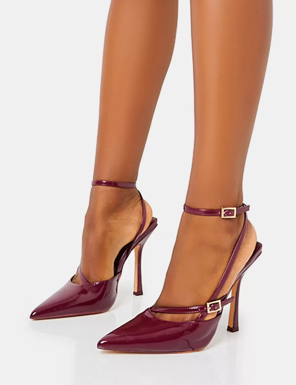 New Public Desire Idol Patent Buckle Strappy Detail Stiletto Court High Heels Burgundy