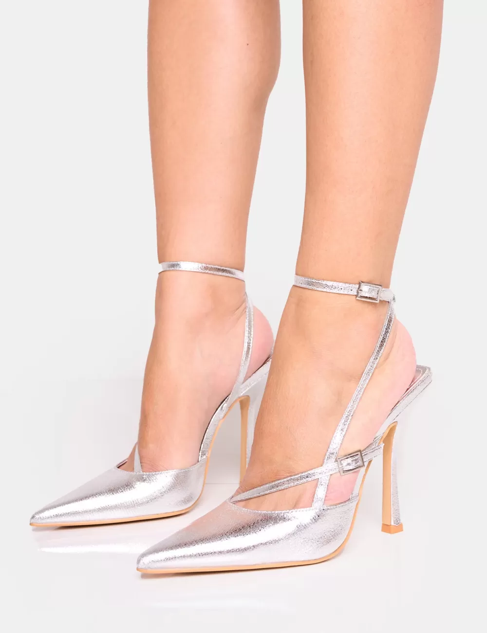 Clearance Public Desire Idol Cracked Buckle Strappy Detail Stiletto Court High Heels Silver