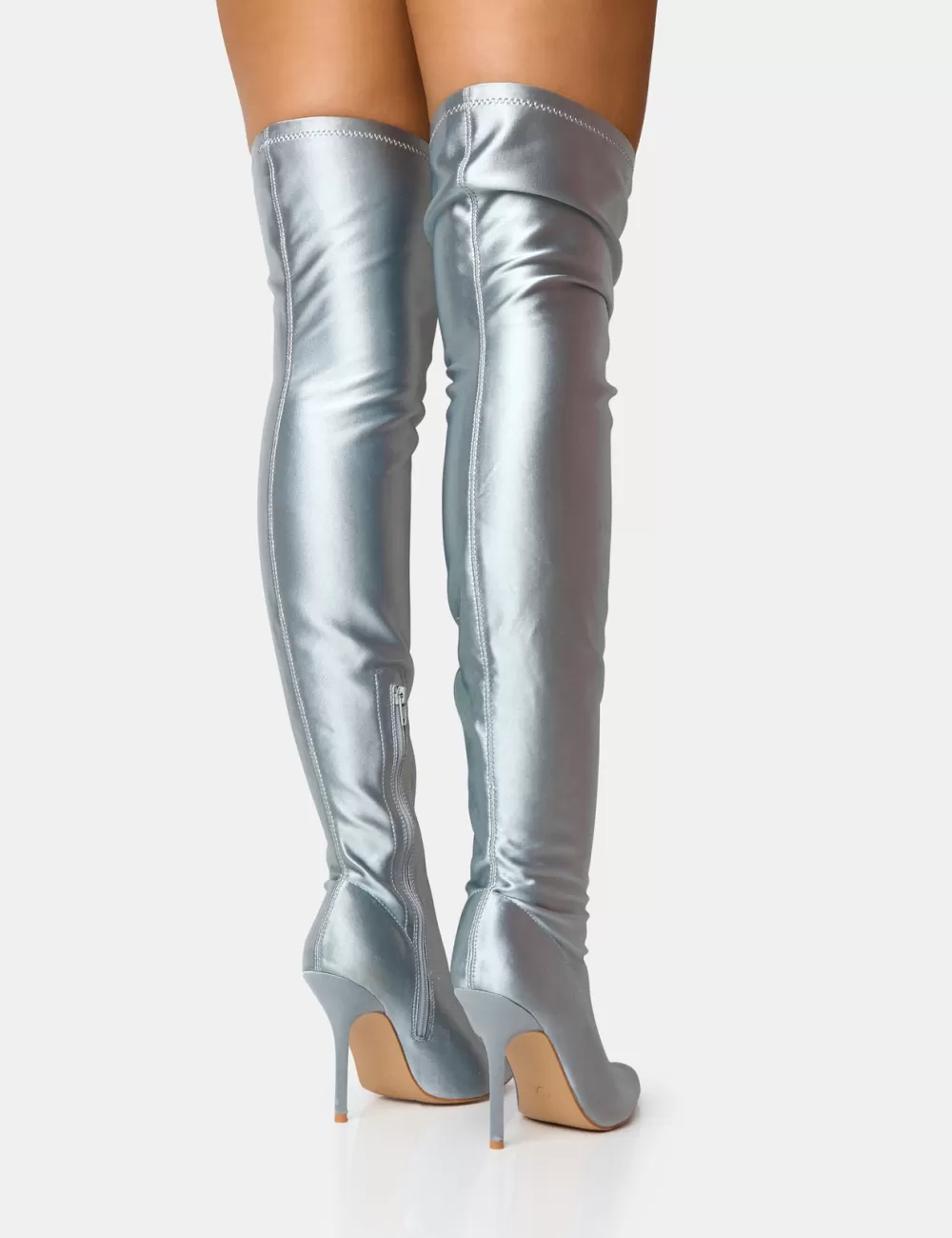 Best Public Desire Instinct Lycra Pointed Toe Stiletto Over The Knee Boots Silver