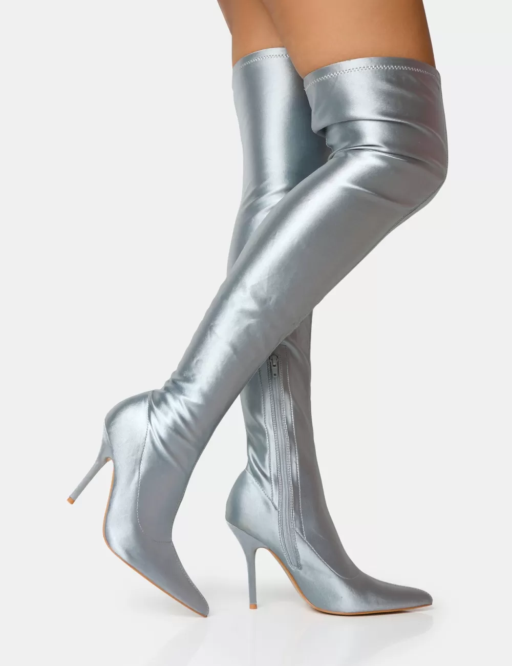 Best Public Desire Instinct Lycra Pointed Toe Stiletto Over The Knee Boots Silver