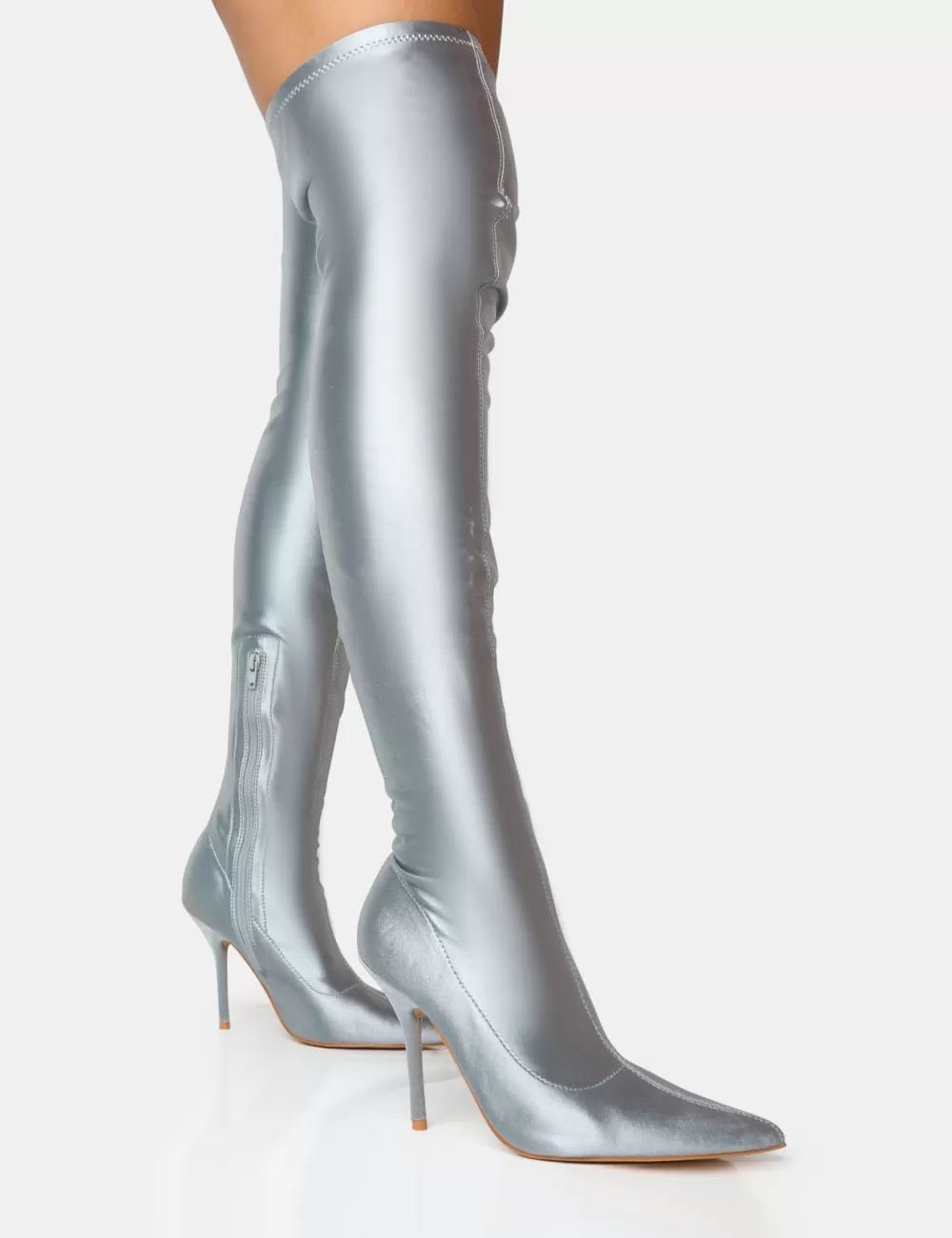 Best Public Desire Instinct Lycra Pointed Toe Stiletto Over The Knee Boots Silver