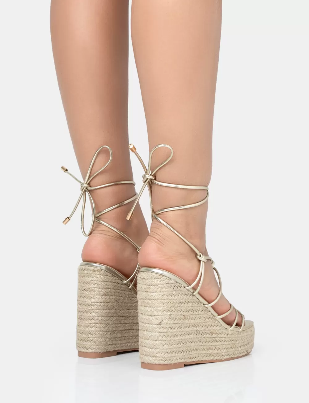 New Public Desire Islander Lace Up Square Toe High Heeled Sandal Esparille Wedges Gold