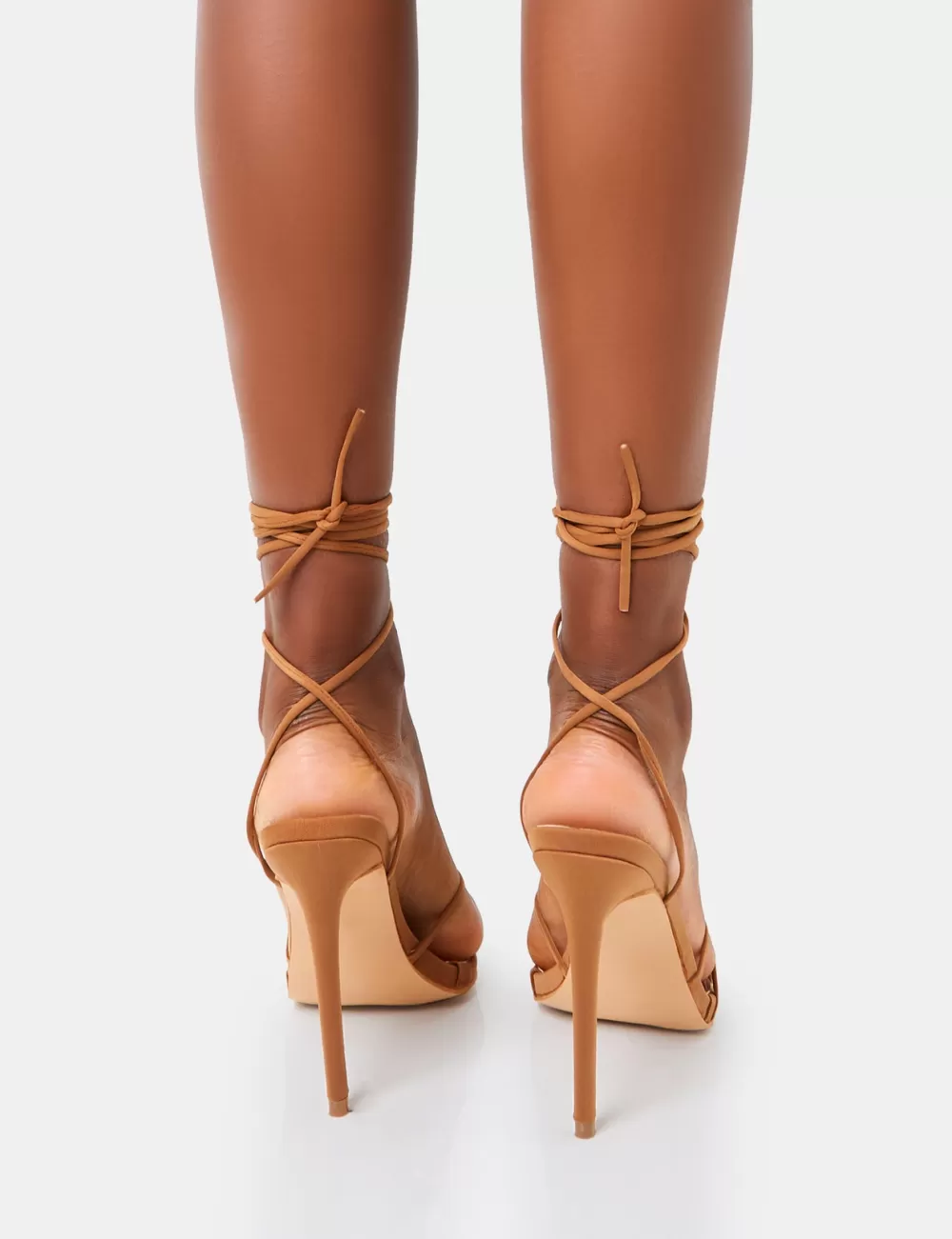 Clearance Public Desire Isobel Tan Pu Lace Up Strappy Barely There Pointed Court High Heels Brown