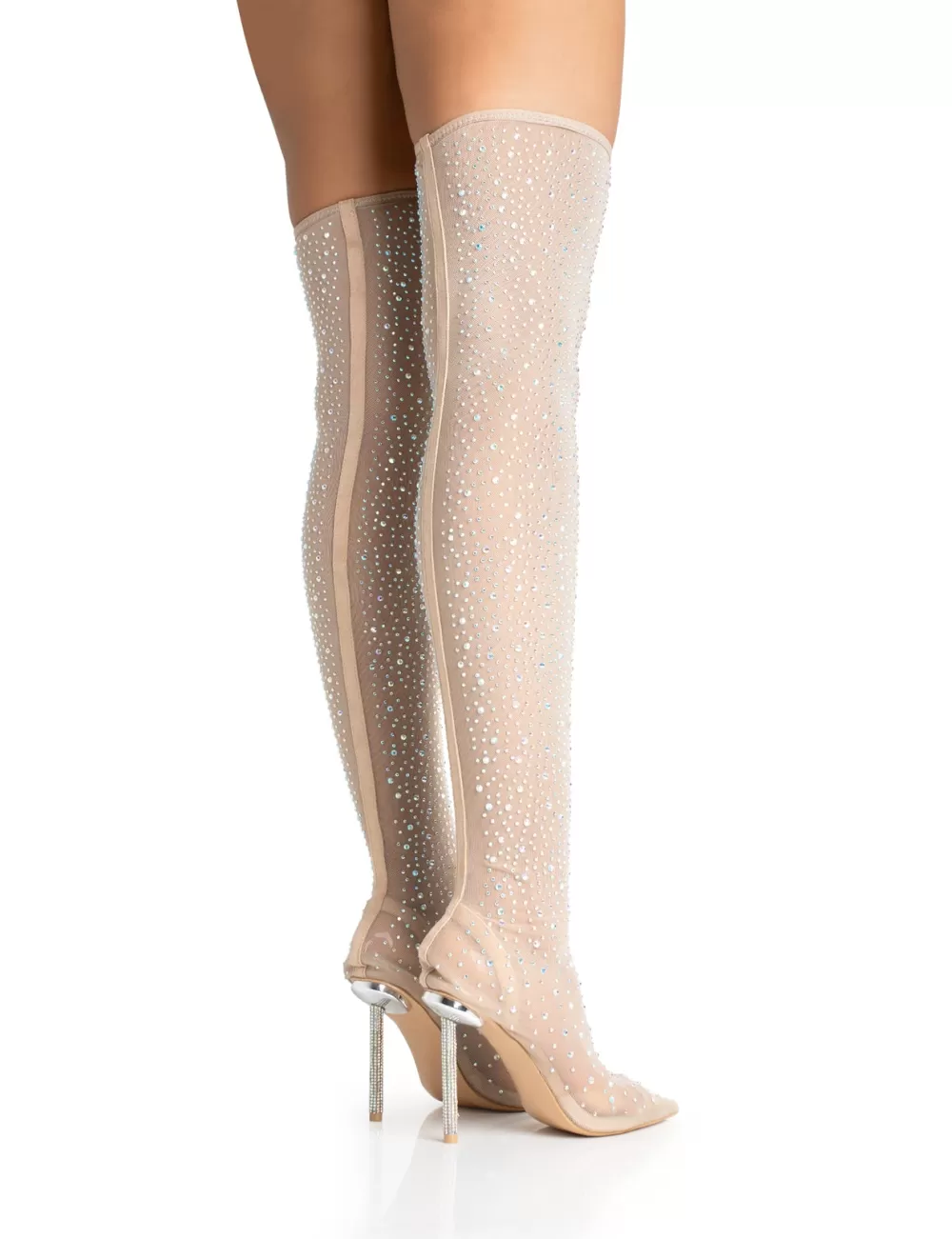 Store Public Desire It Girl Nude Diamante Holographic Detailed Mesh Pointed Toe Stiletto Sock Boot Heels Gold