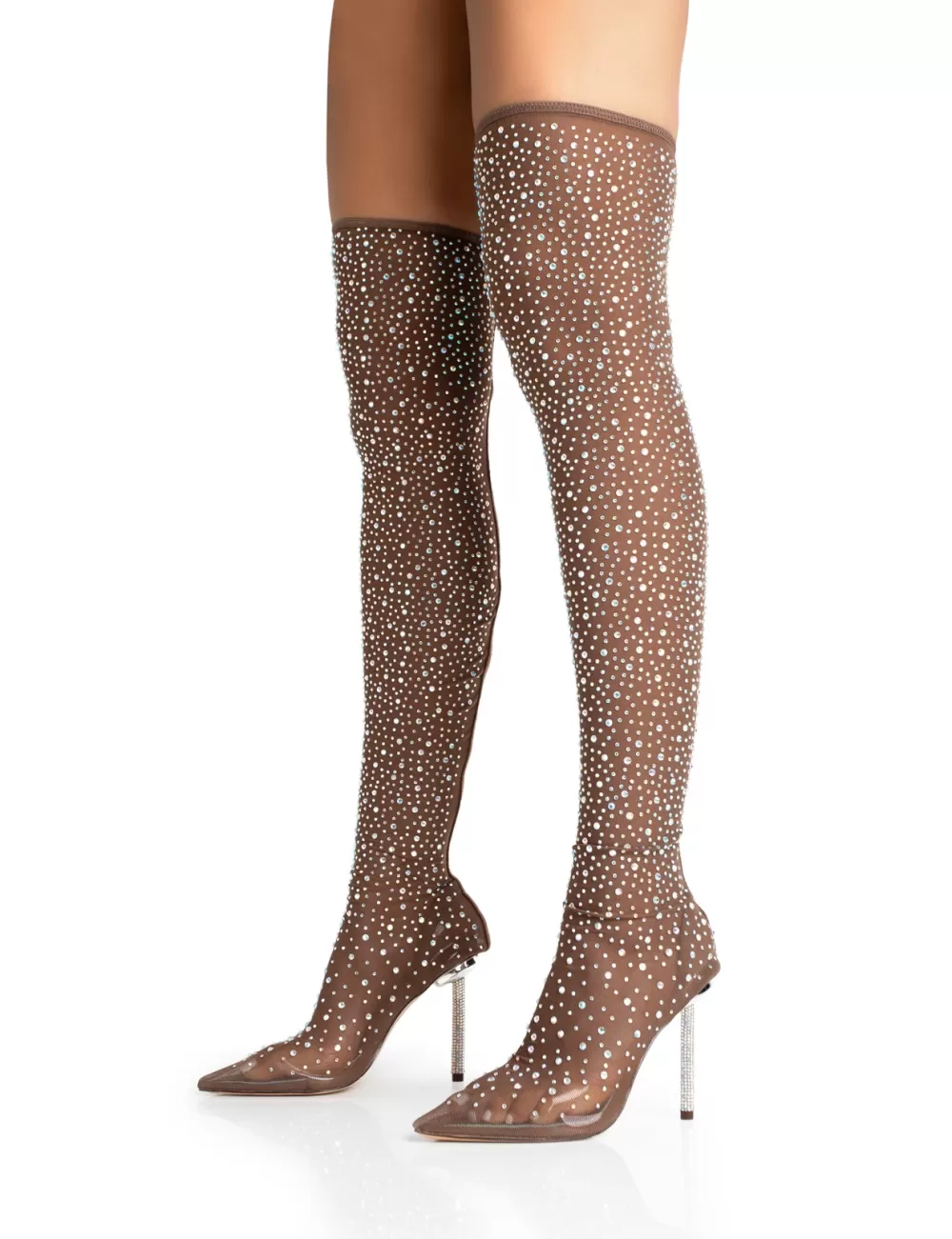 New Public Desire It Girl Nude Diamante Holographic Detailed Mesh Stiletto Boot Heels Brown