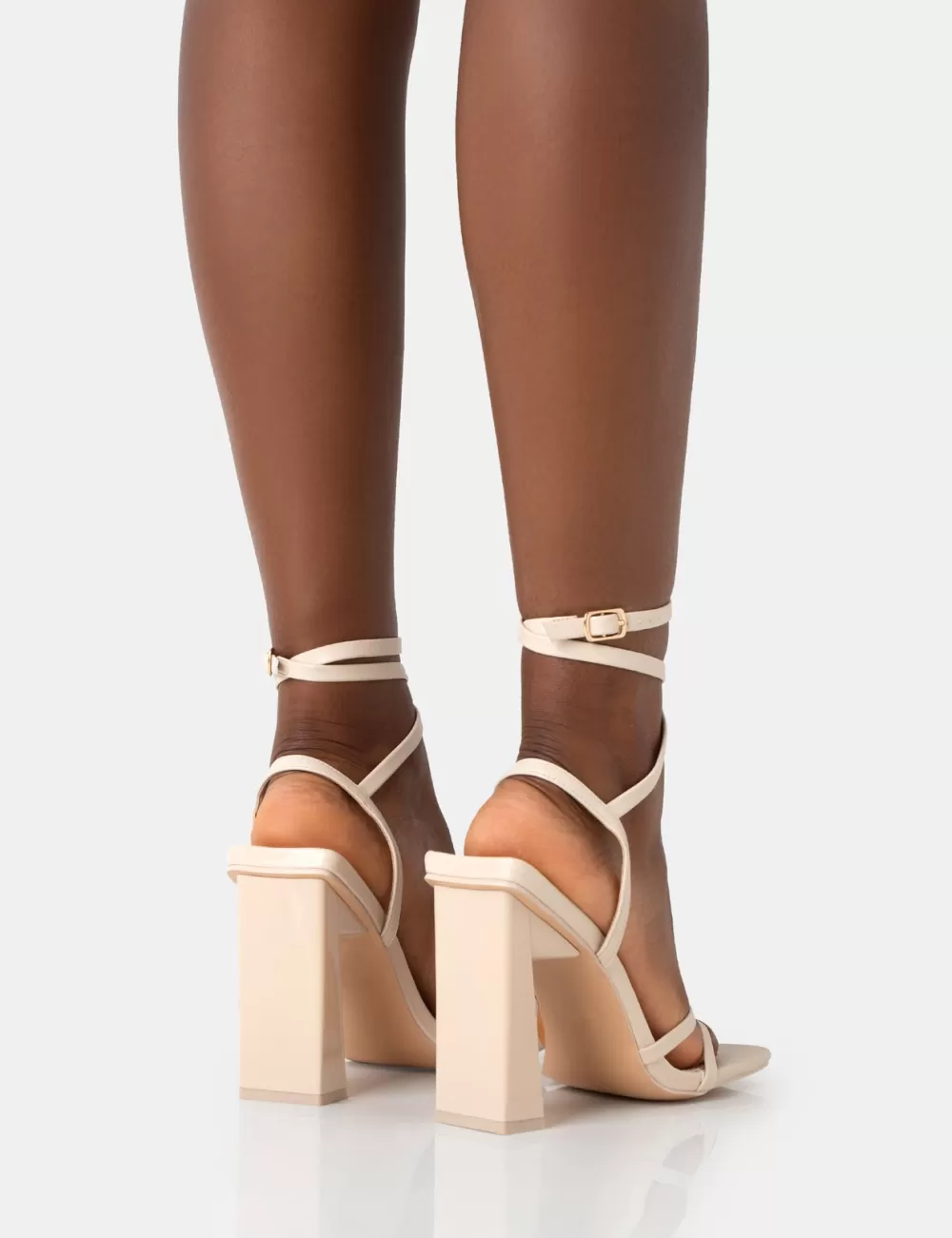 Clearance Public Desire Ives Stone Pu Strappy Lace Up Square Toe Slim Block Heels Neutral