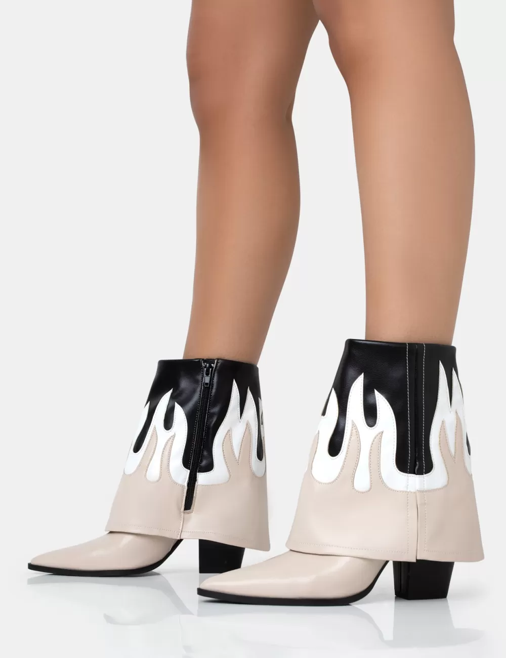 Best Public Desire Jackson Black & Nude Flame Fold Over Pointed Toe Western Ankle Boots Neutral