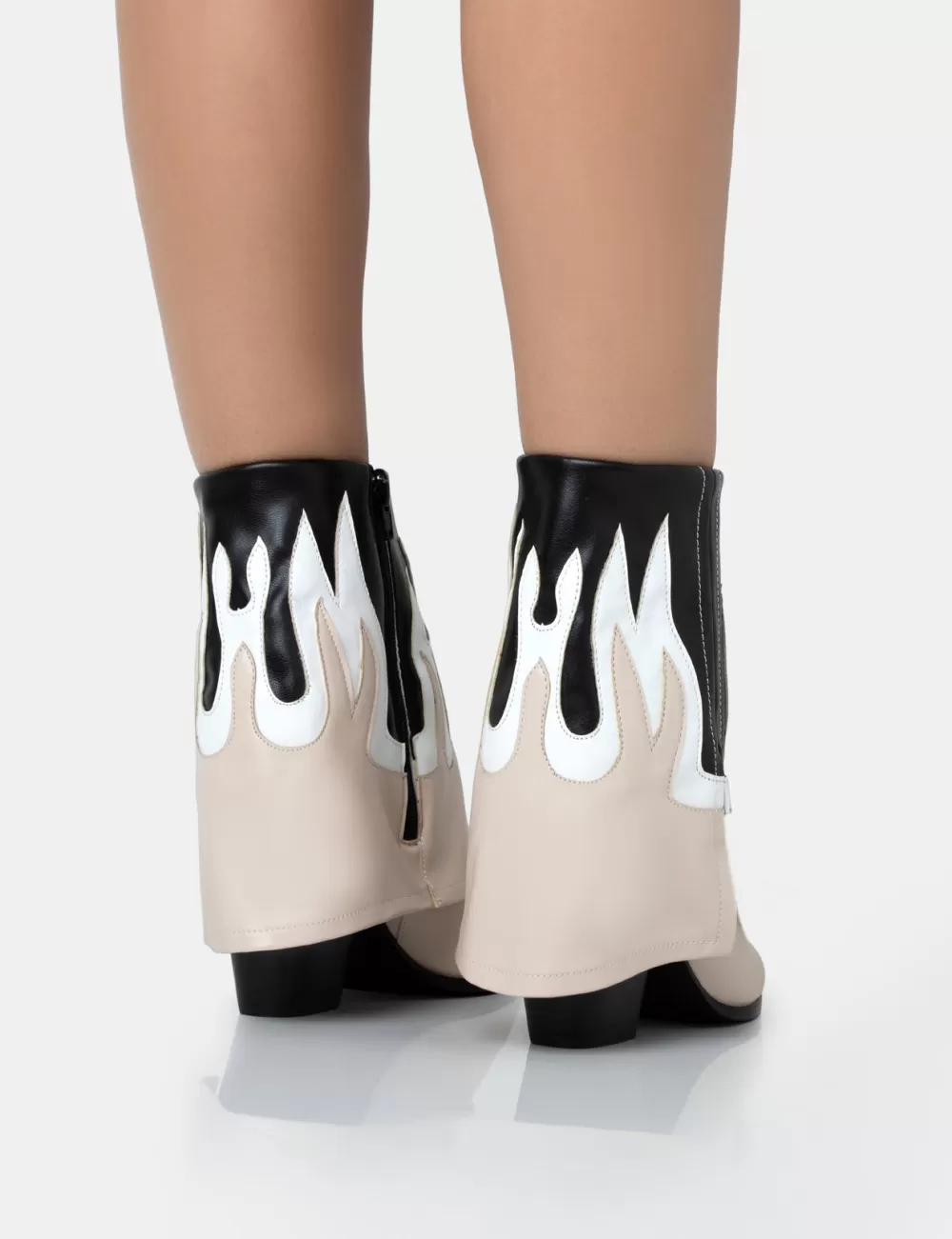 Best Public Desire Jackson Black & Nude Flame Fold Over Pointed Toe Western Ankle Boots Neutral