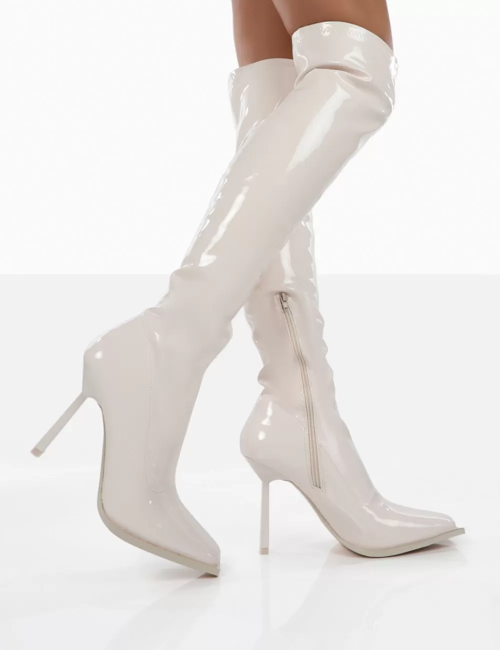 Online Public Desire Jenine Ecru Patent Over The Knee Stiletto Heeled Boots White