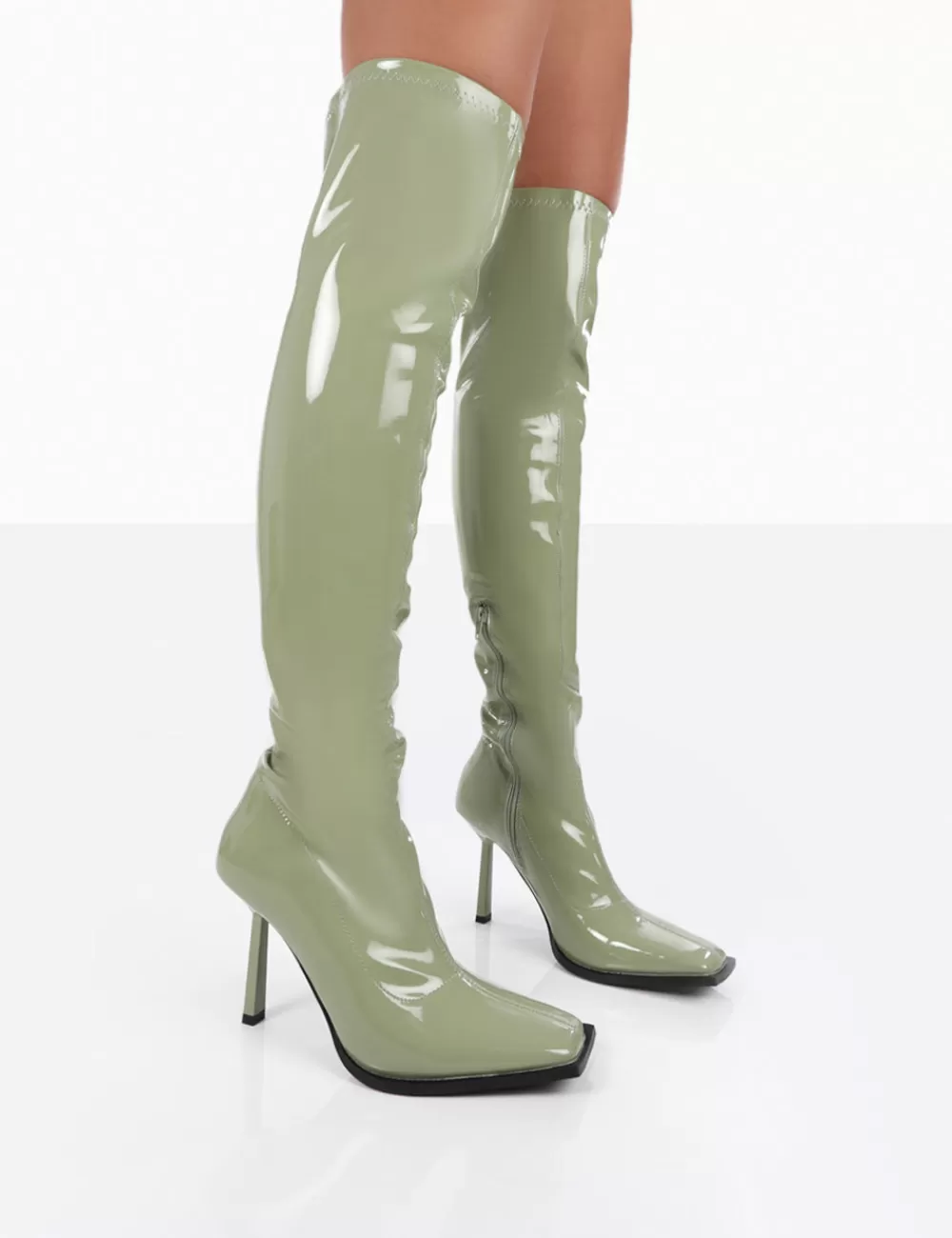 New Public Desire Jenine Patent Over The Knee Stiletto Heeled Boots Green