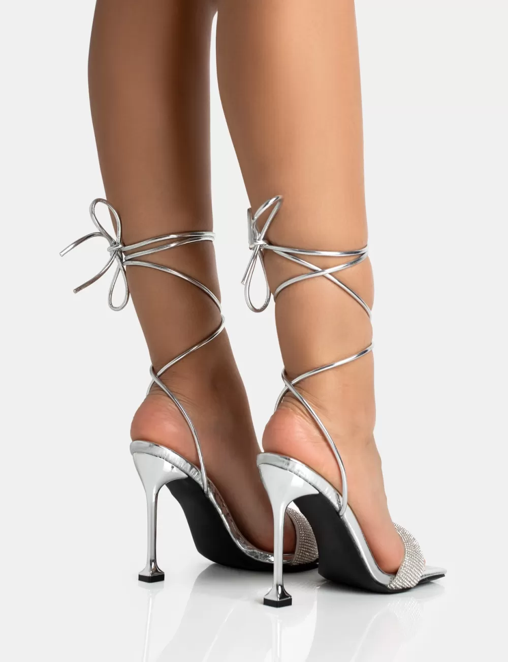 Cheap Public Desire Jenner PU Diamante Strap Lace Up Square Toe Cake Stand Stiletto Heels Silver