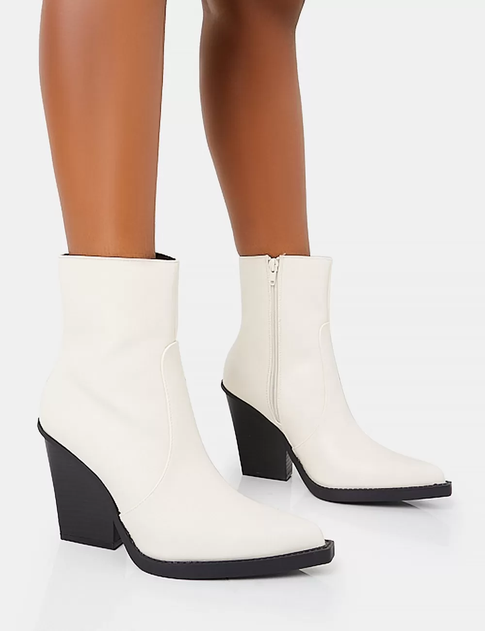 Online Public Desire Jessie Wide Fit Pu Western Pointed Toe Block Heeled Ankle Boots White