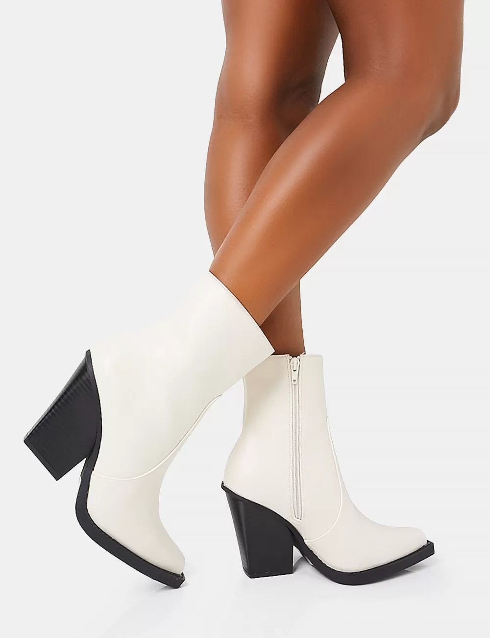 Online Public Desire Jessie Wide Fit Pu Western Pointed Toe Block Heeled Ankle Boots White