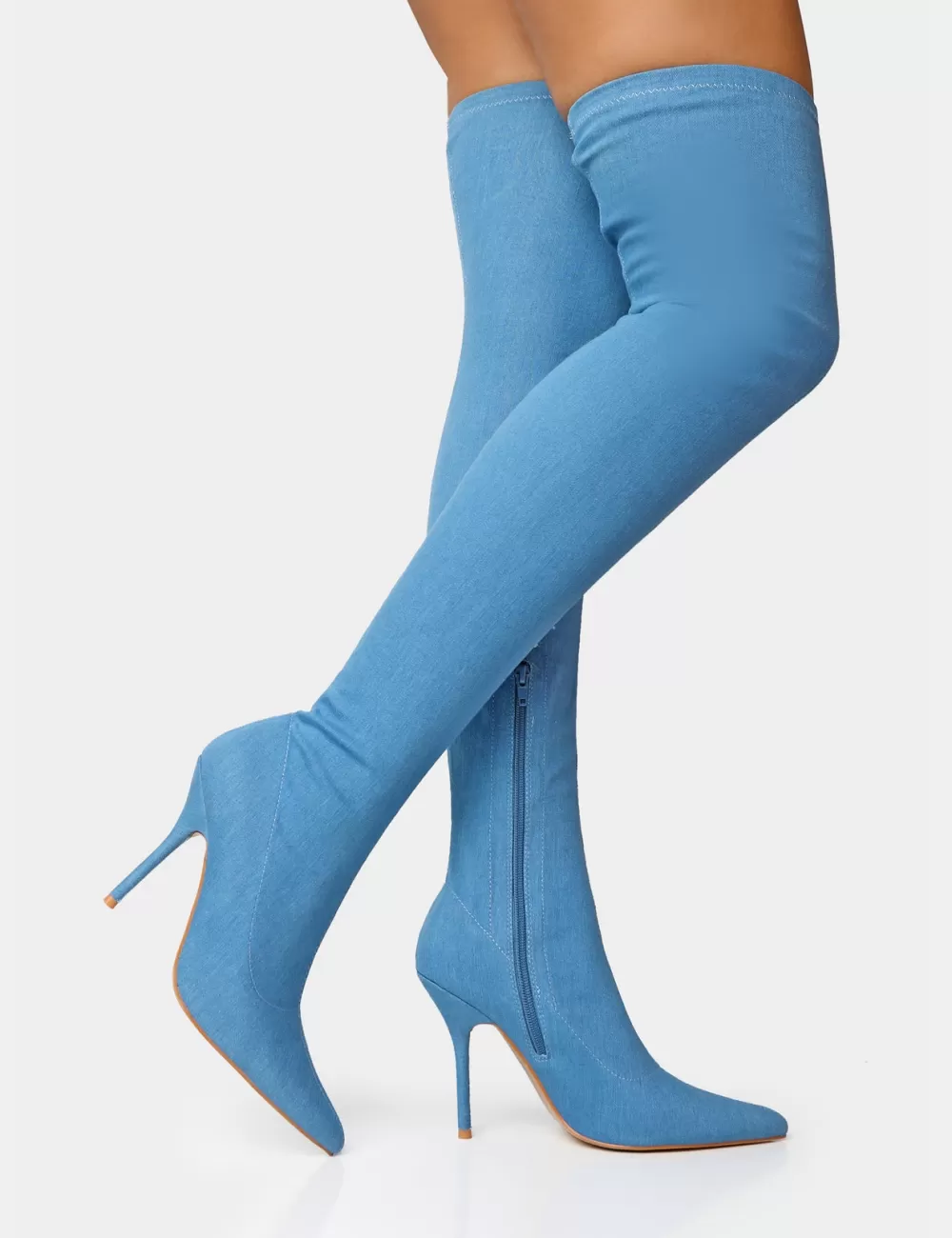 Sale Public Desire Jodie Denim Seam Detail Pointed Toe Stiletto Over The Knee Boots Blue