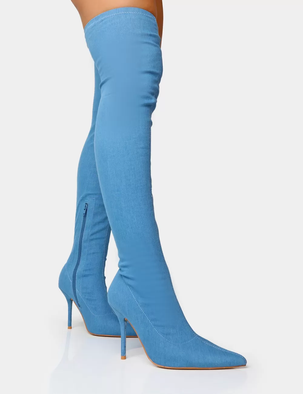 Sale Public Desire Jodie Denim Seam Detail Pointed Toe Stiletto Over The Knee Boots Blue