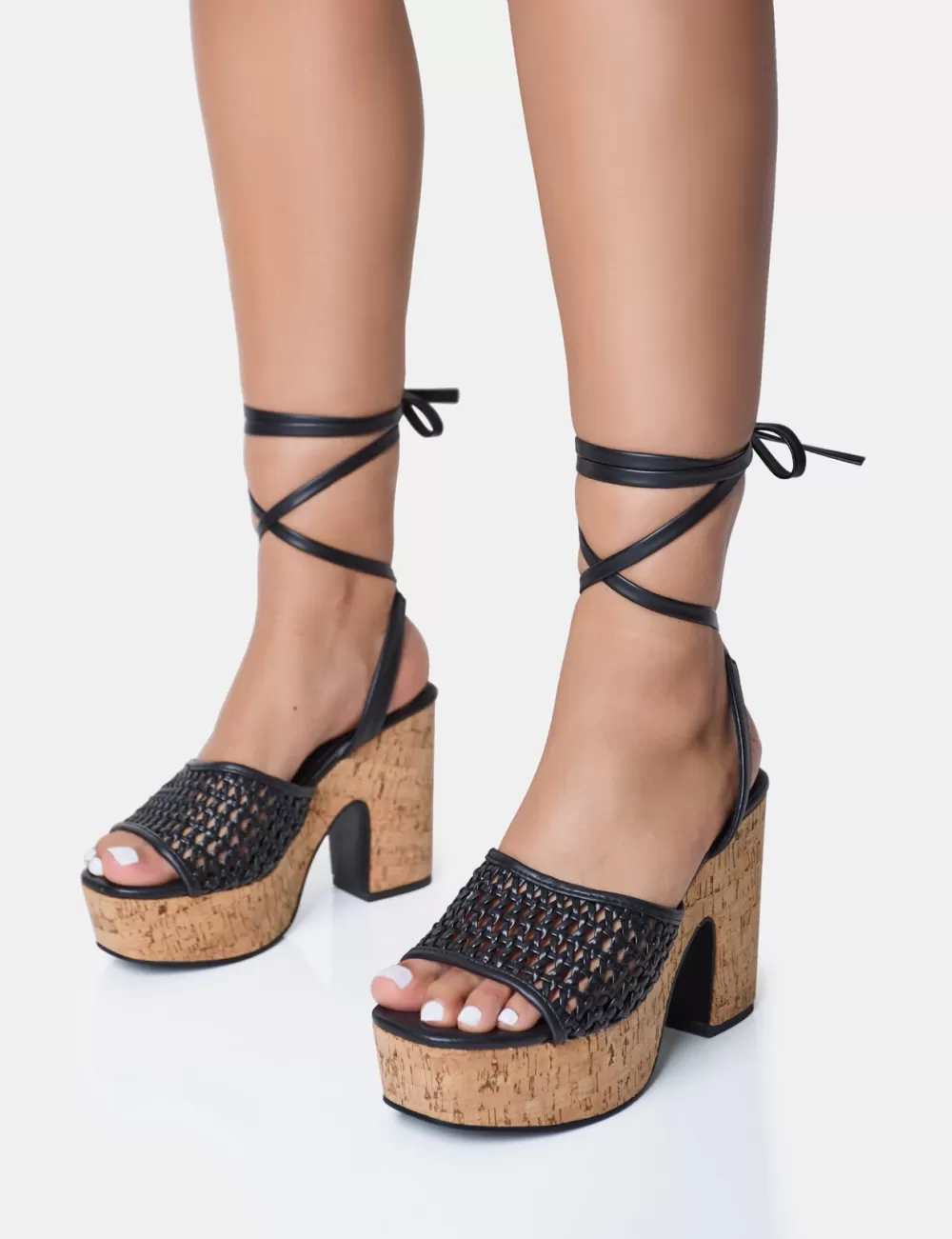 Shop Public Desire Jos Wide Fit Netted Lace Up Cork Platform Sandals Black