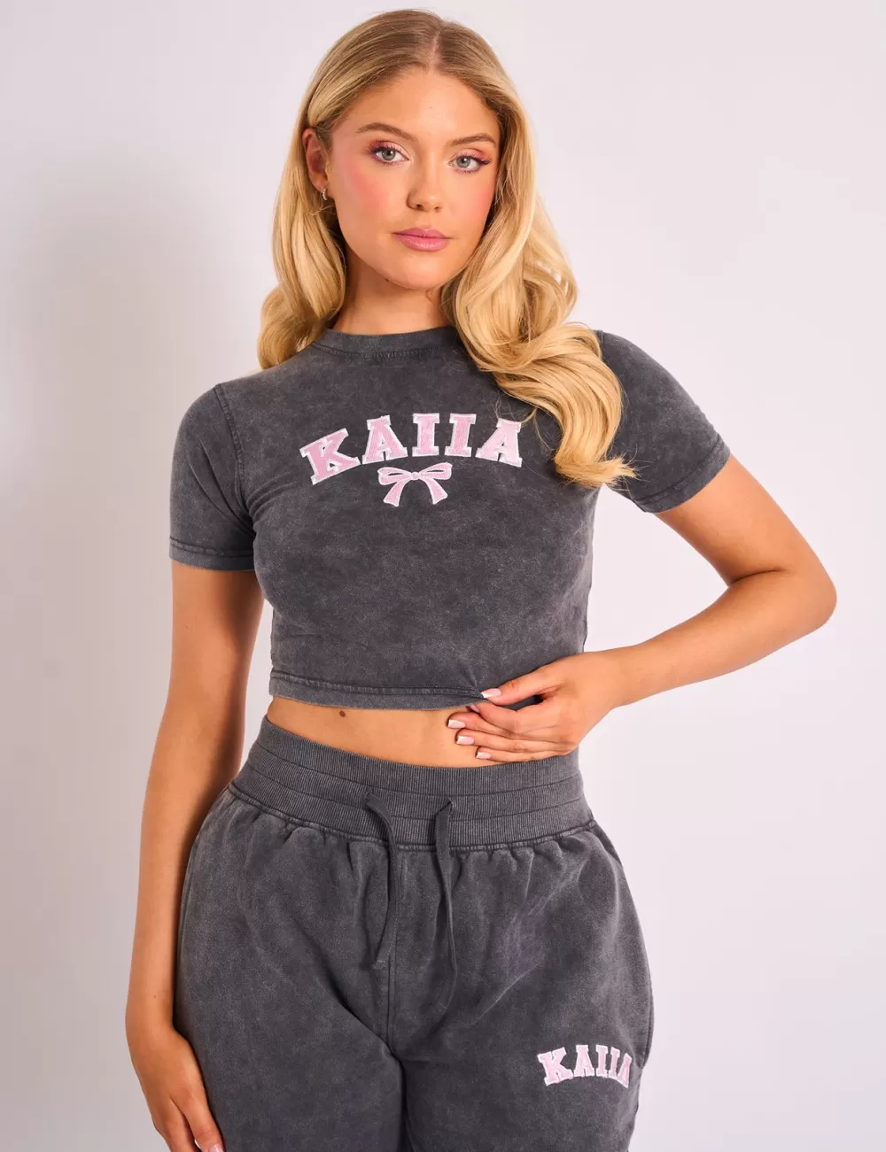 Flash Sale Public Desire Kaiia Bow Embroidered Baby Tee Washed Dark Grey & Pink Washed_dark_grey_pink