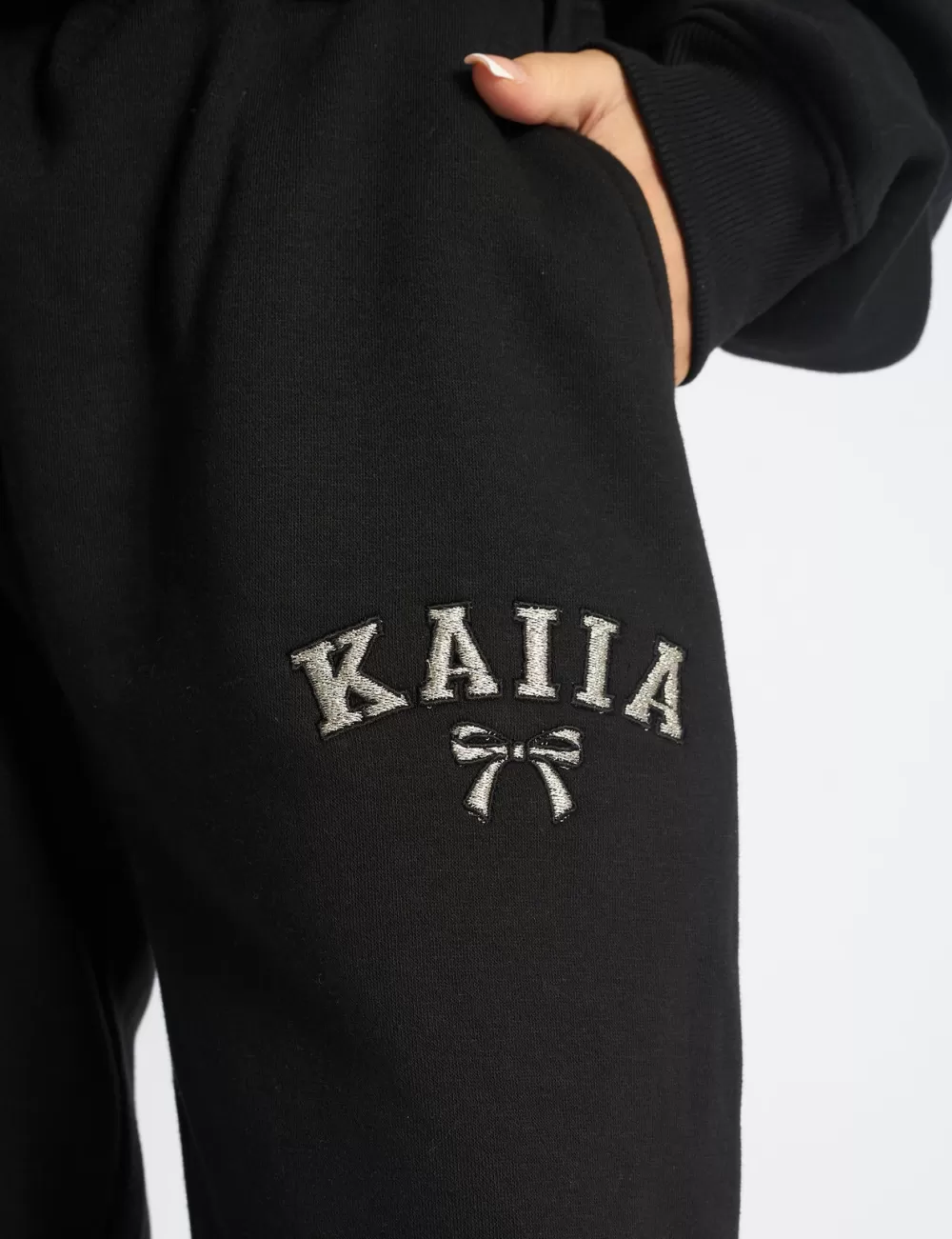 Fashion Public Desire Kaiia Bow Embroidered Ribbed Waistband Wide Leg Joggers Black & Silver Black_u0026_silver