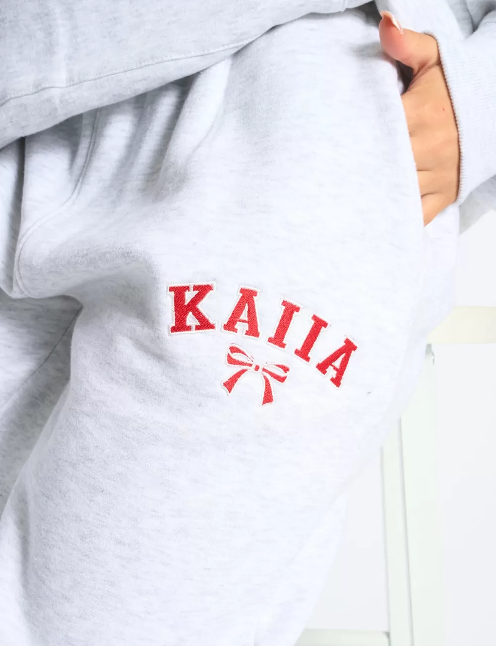 Best Sale Public Desire Kaiia Bow Embroidered Ribbed Waistband Wide Leg Joggers Light Grey Marl & Red Light_grey_marl_u0026_red