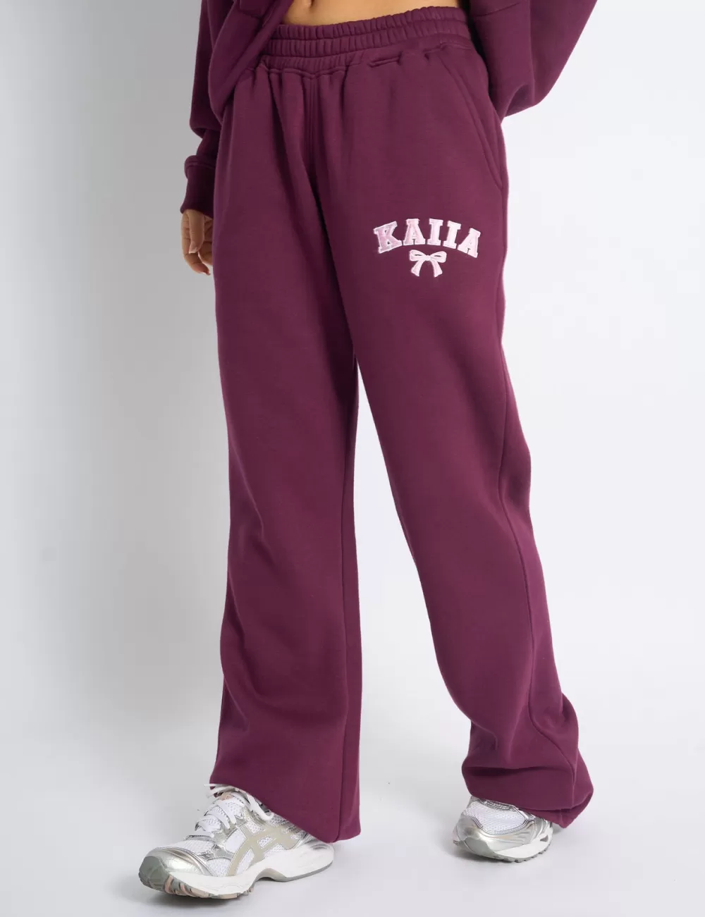 Store Public Desire Kaiia Bow Embroidered Ribbed Waistband Wide Leg Joggers Plum & Baby Pink Plum_u0026_baby_pink