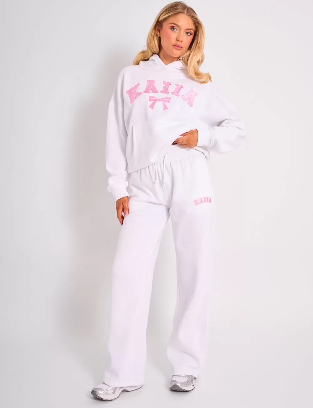 Clearance Public Desire Kaiia Bow Embroidered Ribbed Waistband Wide Leg Joggers White & Pink White_pink