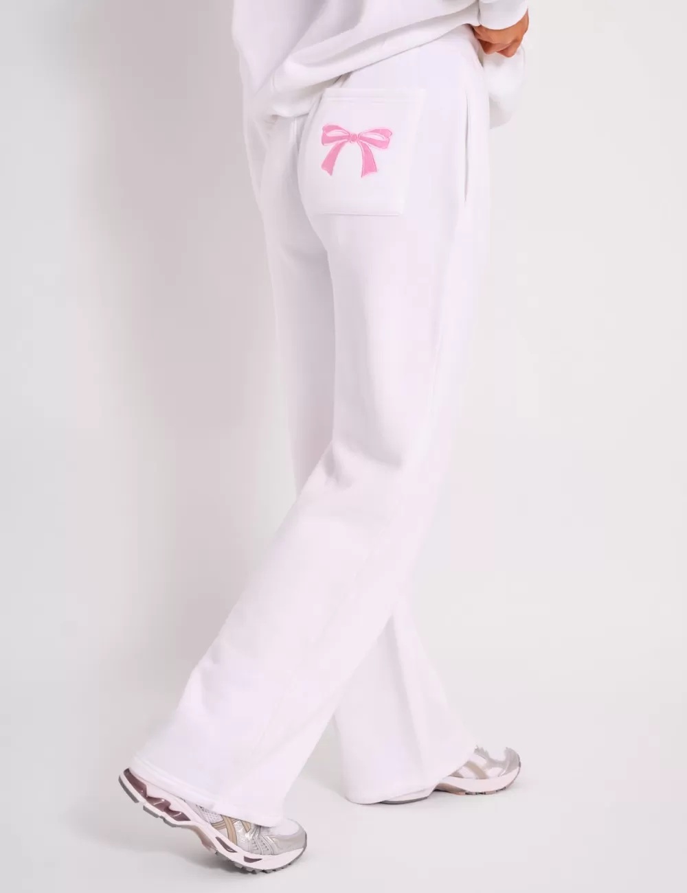 Clearance Public Desire Kaiia Bow Embroidered Ribbed Waistband Wide Leg Joggers White & Pink White_pink
