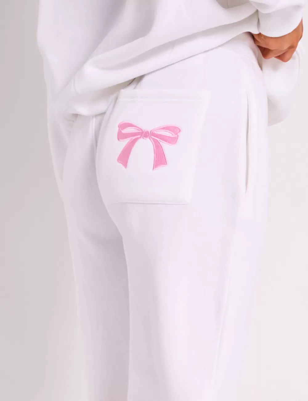 Clearance Public Desire Kaiia Bow Embroidered Ribbed Waistband Wide Leg Joggers White & Pink White_pink