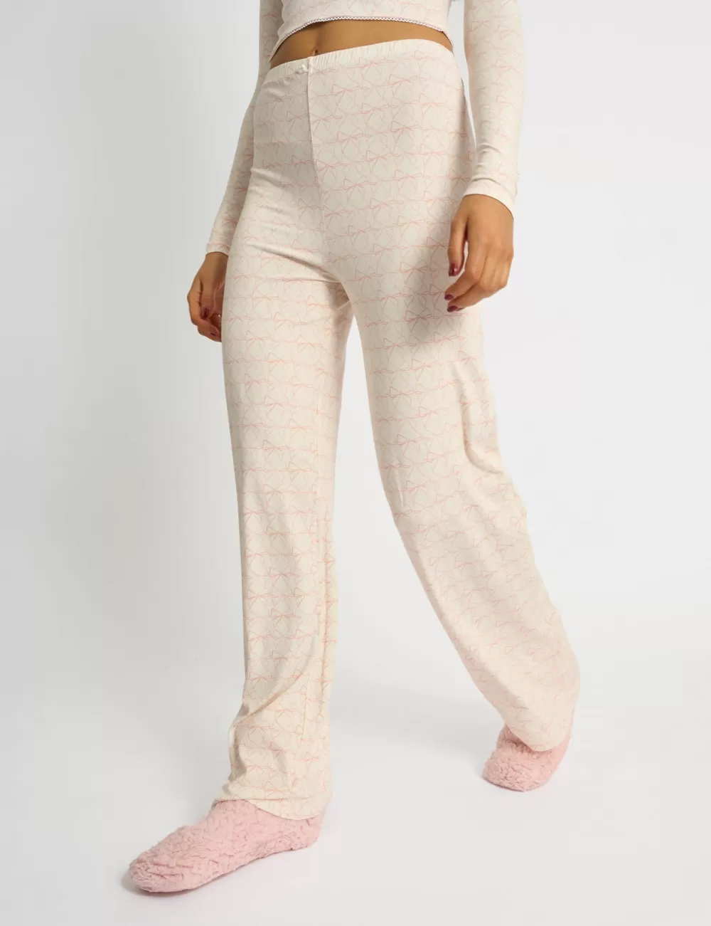 Best Sale Public Desire Kaiia Bow Print Lace Wrap Top & Trouser Pj Set Cream & Pink Cream_pink