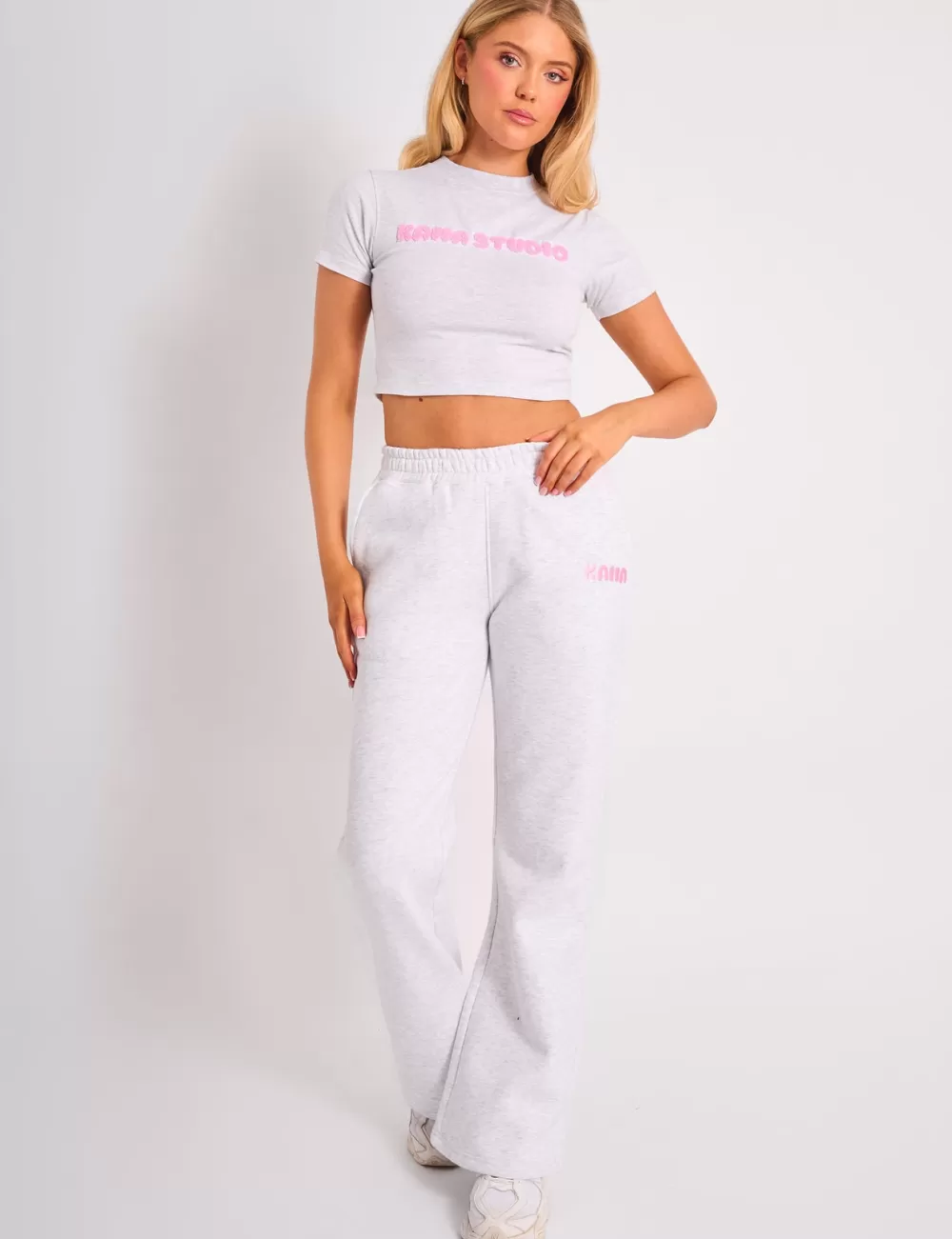 Discount Public Desire Kaiia Bubble Logo Wide Leg Joggers Grey Marl & Pink Grey_marl_pink
