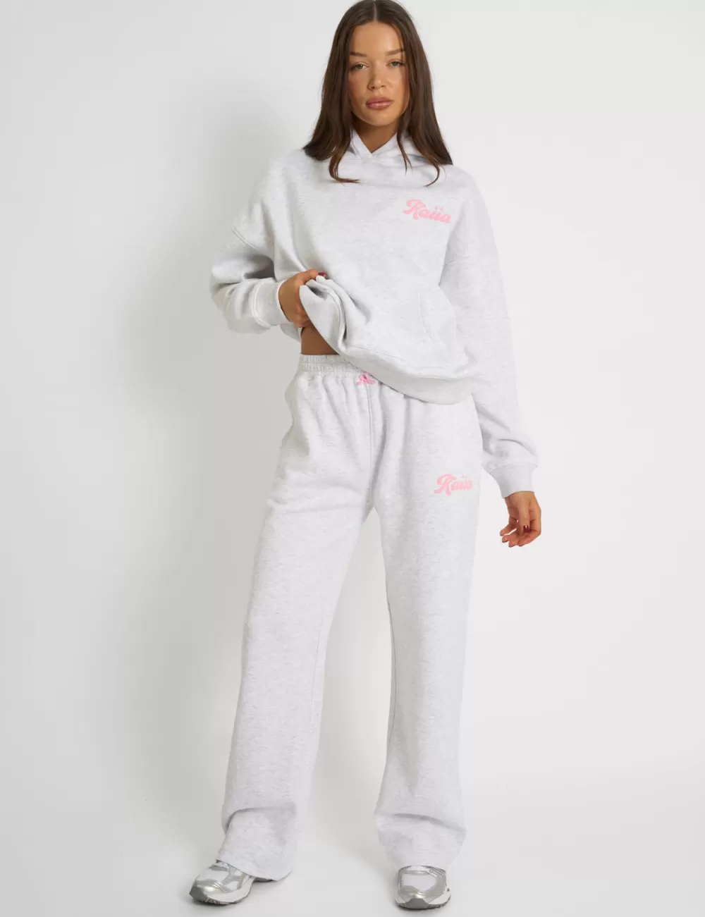 Store Public Desire Kaiia Bubble Script Bow Detail Wide Leg Joggers Grey Marl & Pink Grey_marl_and_pink