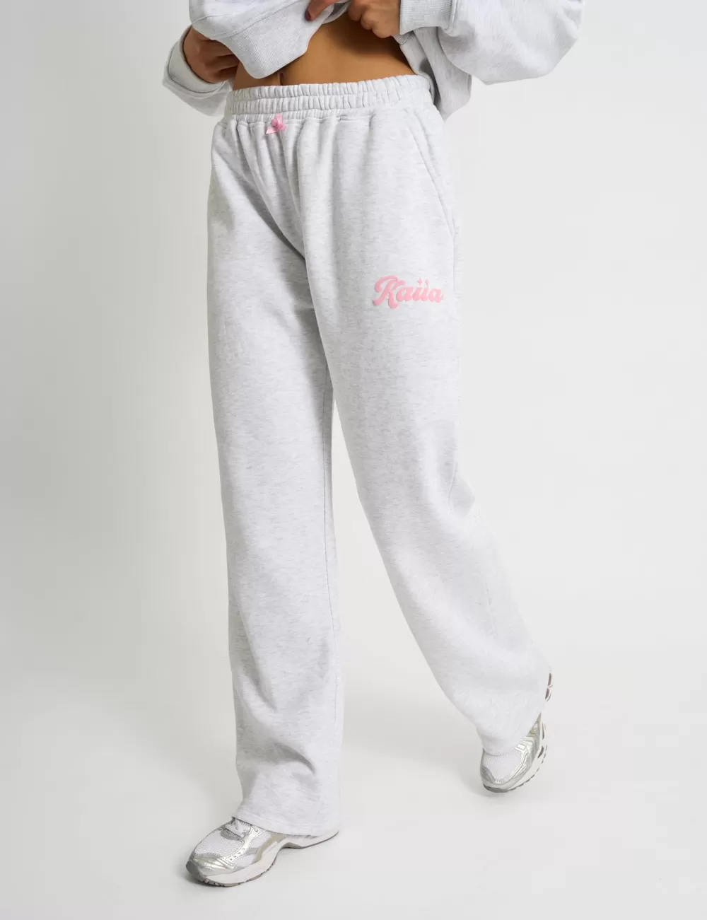 Store Public Desire Kaiia Bubble Script Bow Detail Wide Leg Joggers Grey Marl & Pink Grey_marl_and_pink