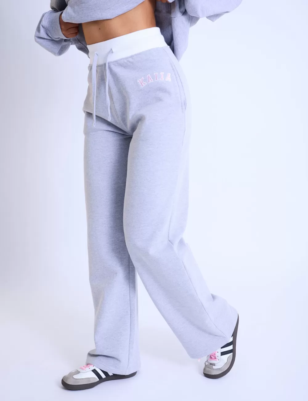 Fashion Public Desire Kaiia Contrast Waistband Wide Leg Sweat Pants Grey Marl & Pink Light_grey_marl