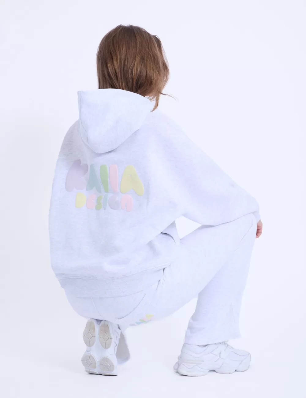 Store Public Desire Kaiia Design Bubble Logo Oversized Hoodie in Light Grey Marl & Rainbow Grey_marl