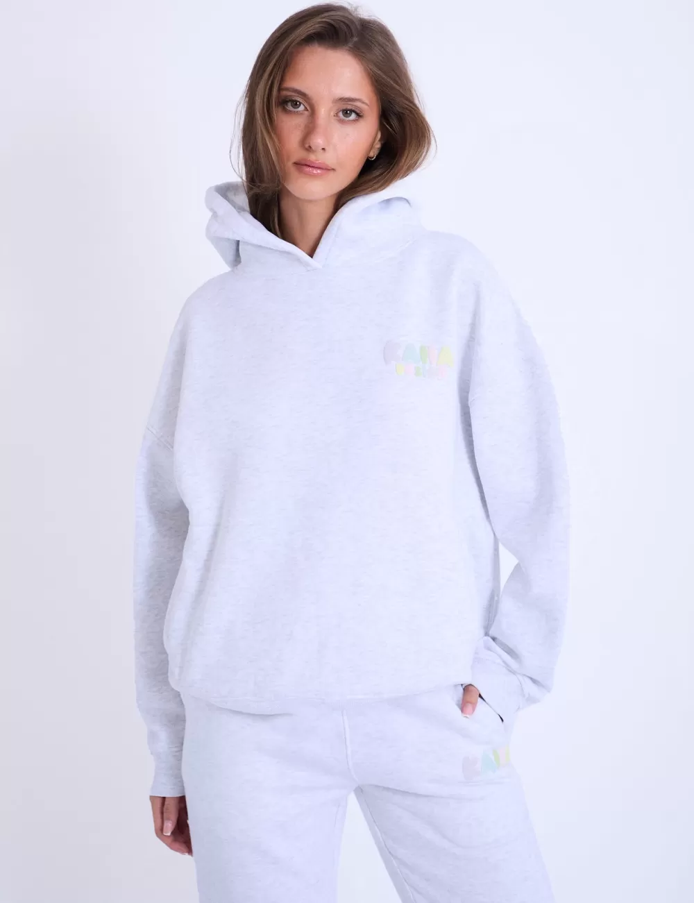 Store Public Desire Kaiia Design Bubble Logo Oversized Hoodie in Light Grey Marl & Rainbow Grey_marl