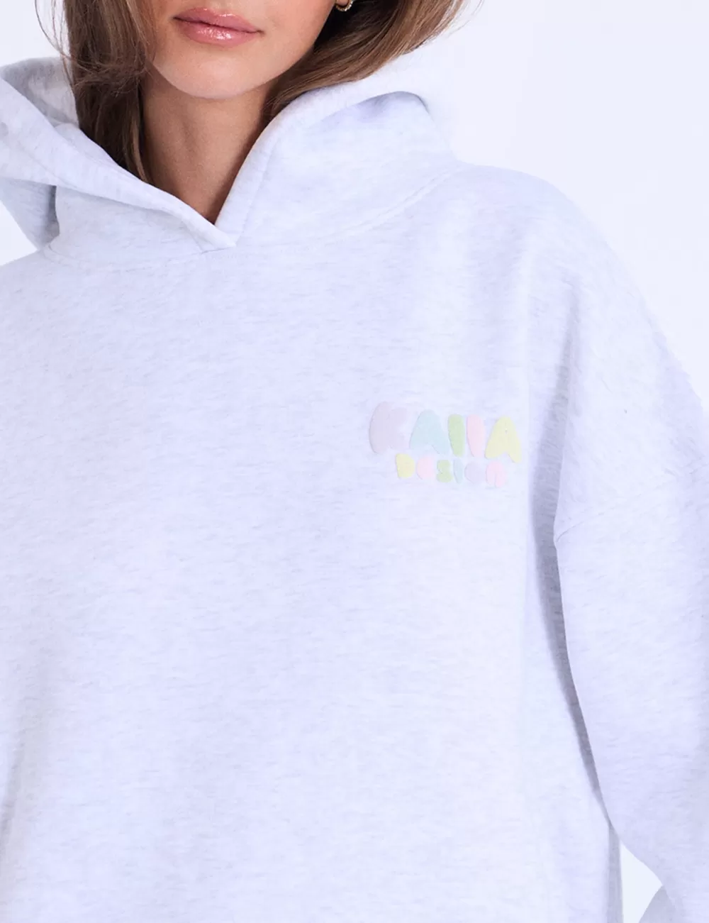 Store Public Desire Kaiia Design Bubble Logo Oversized Hoodie in Light Grey Marl & Rainbow Grey_marl