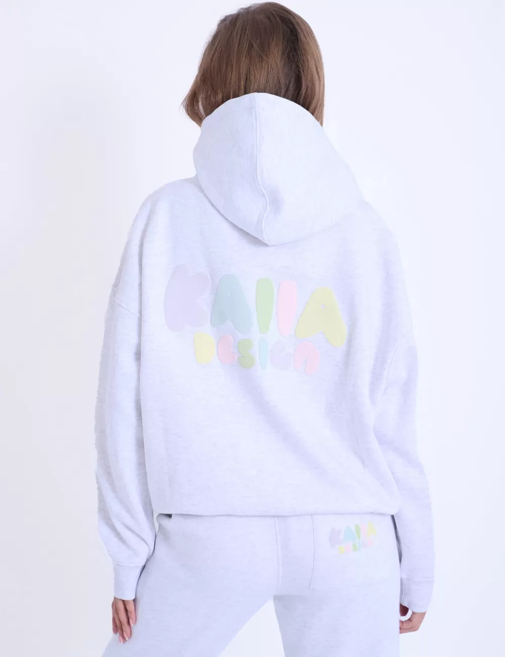 Store Public Desire Kaiia Design Bubble Logo Oversized Hoodie in Light Grey Marl & Rainbow Grey_marl