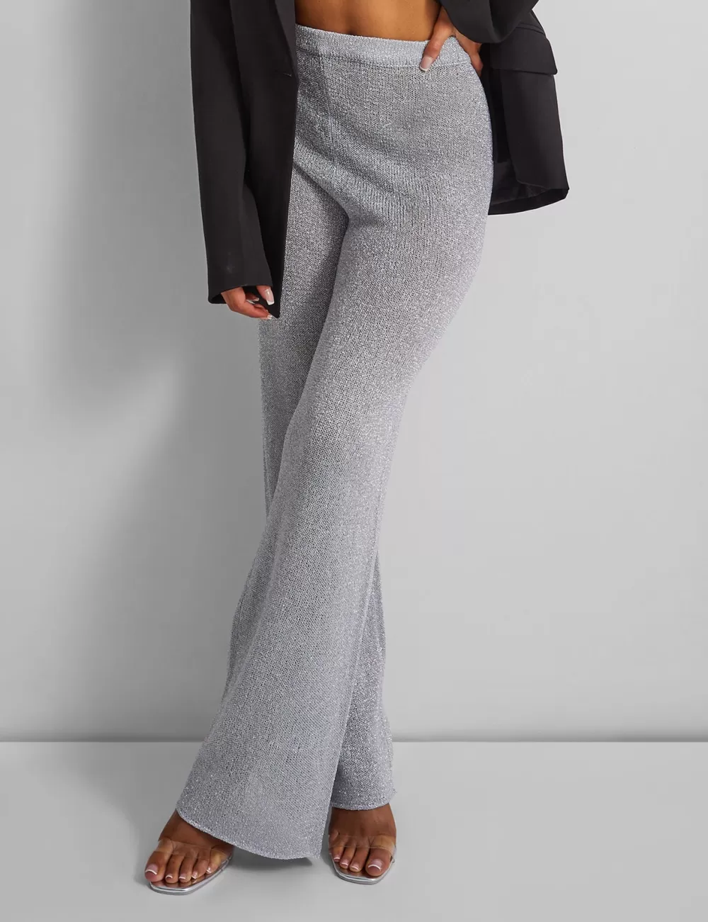 Fashion Public Desire Kaiia Knitted Metallic Flared Trousers Co-ord in Silver