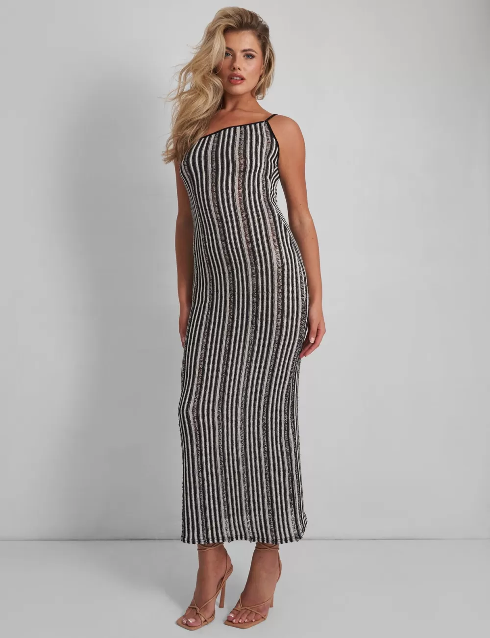 Best Public Desire Kaiia Knitted One Shoulder Maxi Dress Black and White Stripe Mono