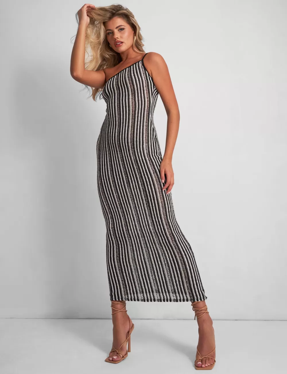 Best Public Desire Kaiia Knitted One Shoulder Maxi Dress Black and White Stripe Mono