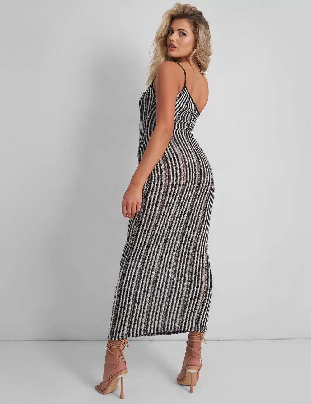 Best Public Desire Kaiia Knitted One Shoulder Maxi Dress Black and White Stripe Mono