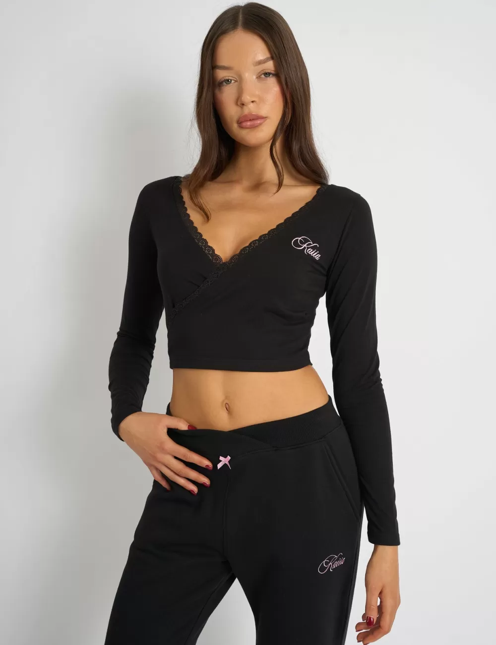 Outlet Public Desire Kaiia Lace Trim Wrap Long Sleeve Top Black Black_and_pink