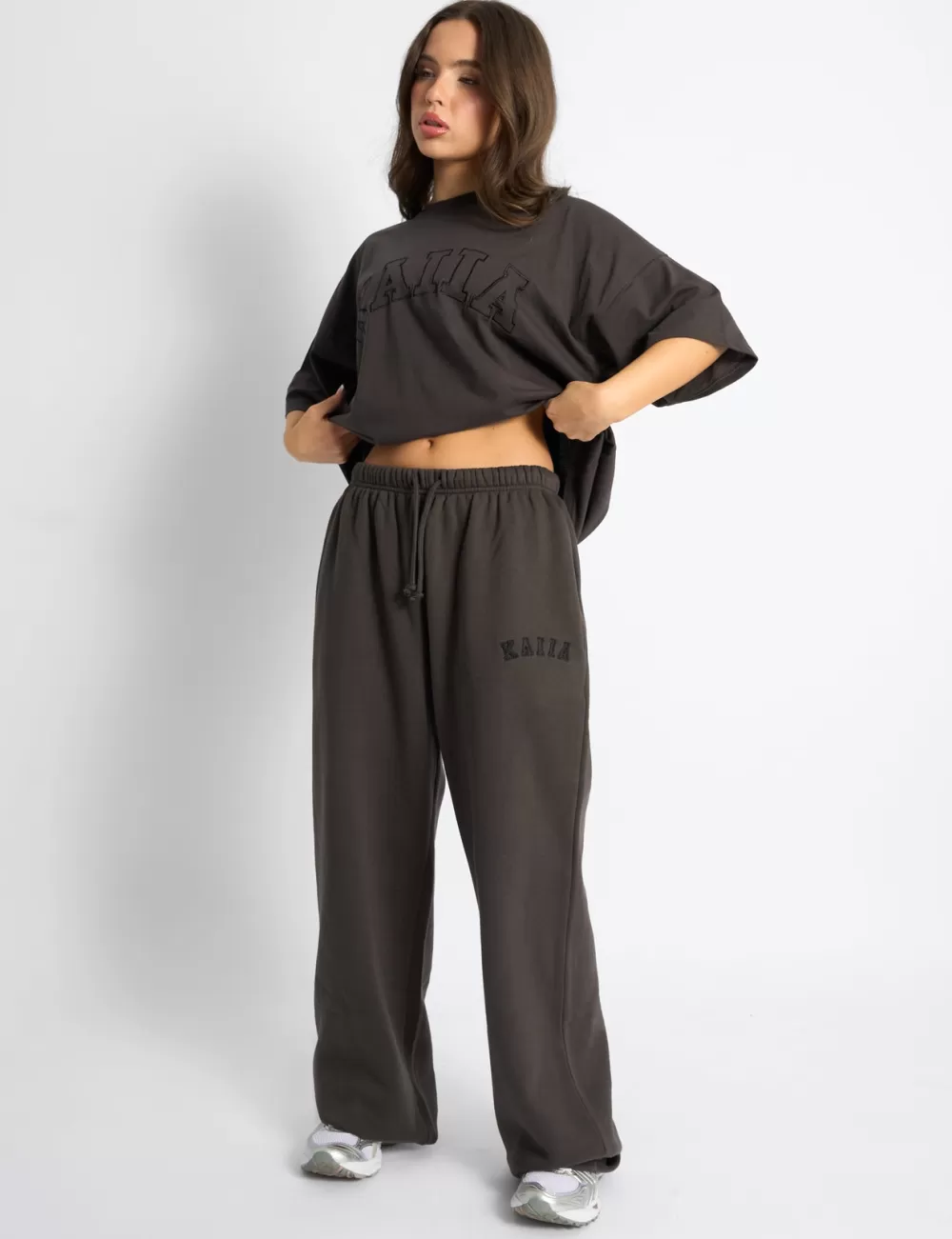 Discount Public Desire Kaiia Logo Wide Leg Joggers Chocolate