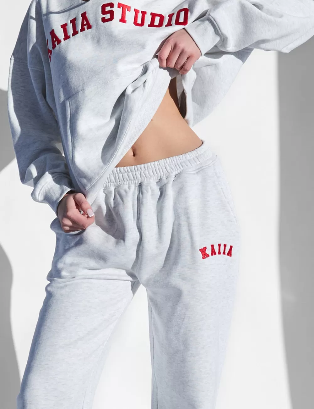 Hot Public Desire Kaiia Logo Wide Leg Joggers Light Marl and Red Grey