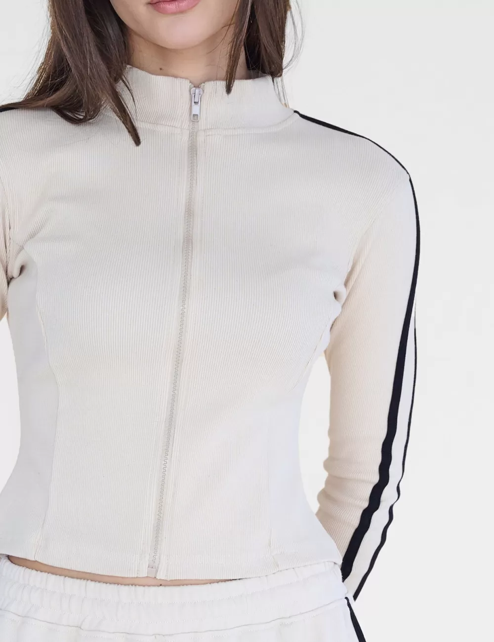 Discount Public Desire Kaiia Motocross Ribbed Zip Up Long Sleeve Top & Black Stone