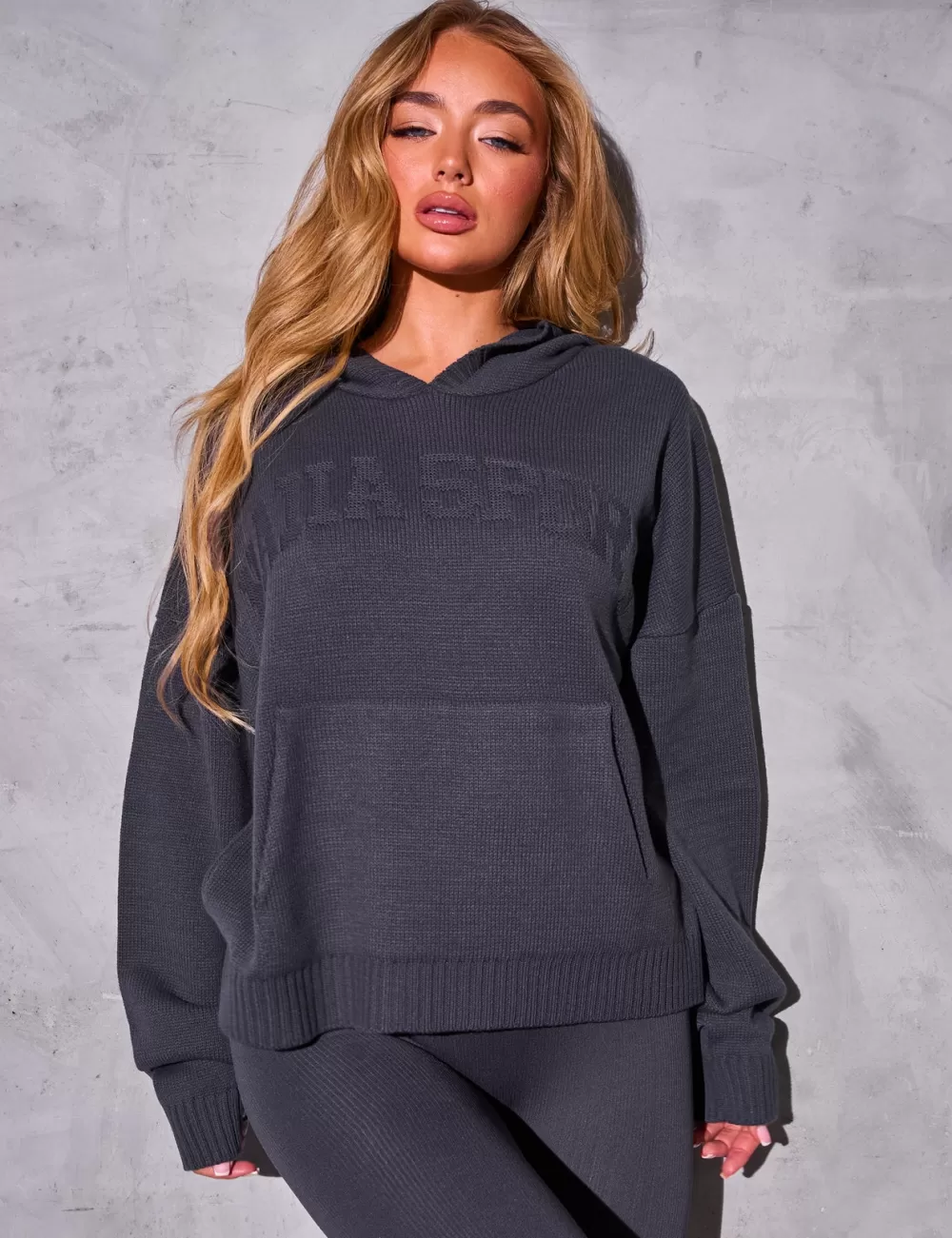 Sale Public Desire Kaiia Sport Knitted Hoodie Dark Grey Dark_grey