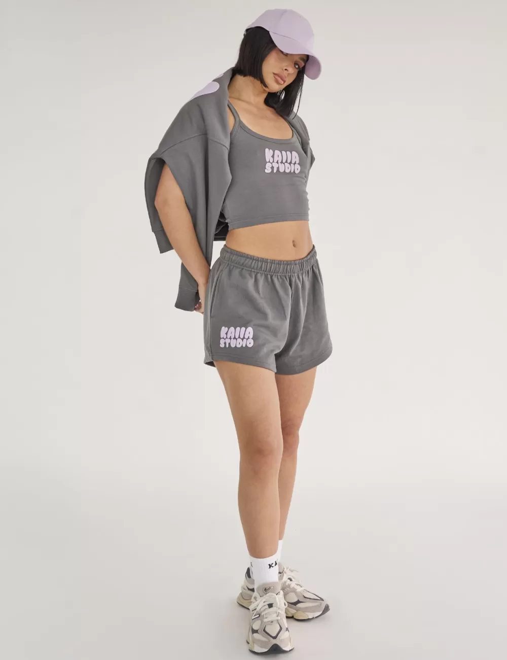 Fashion Public Desire Kaiia Studio Bubble Logo Cami Vest Top Dark Grey & Lilac Dark_grey